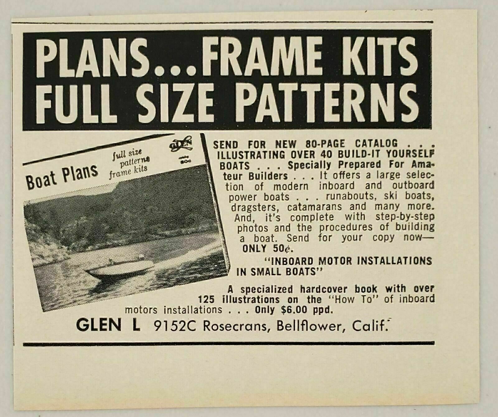 1961 Print Ad Glen L Boat Plans Frame Kits Bellflower,California