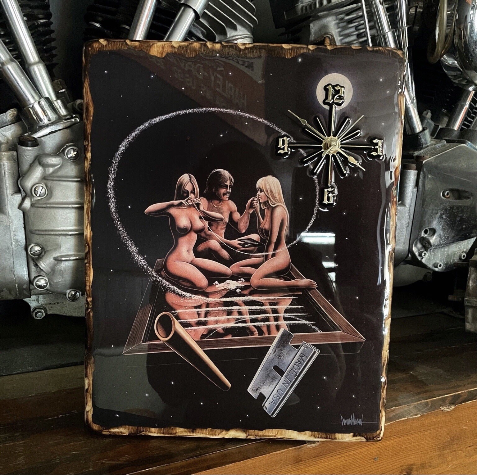 Vintage 70s Wood Clock David Mann Easyriders Space Cocaine Choppers Handmade