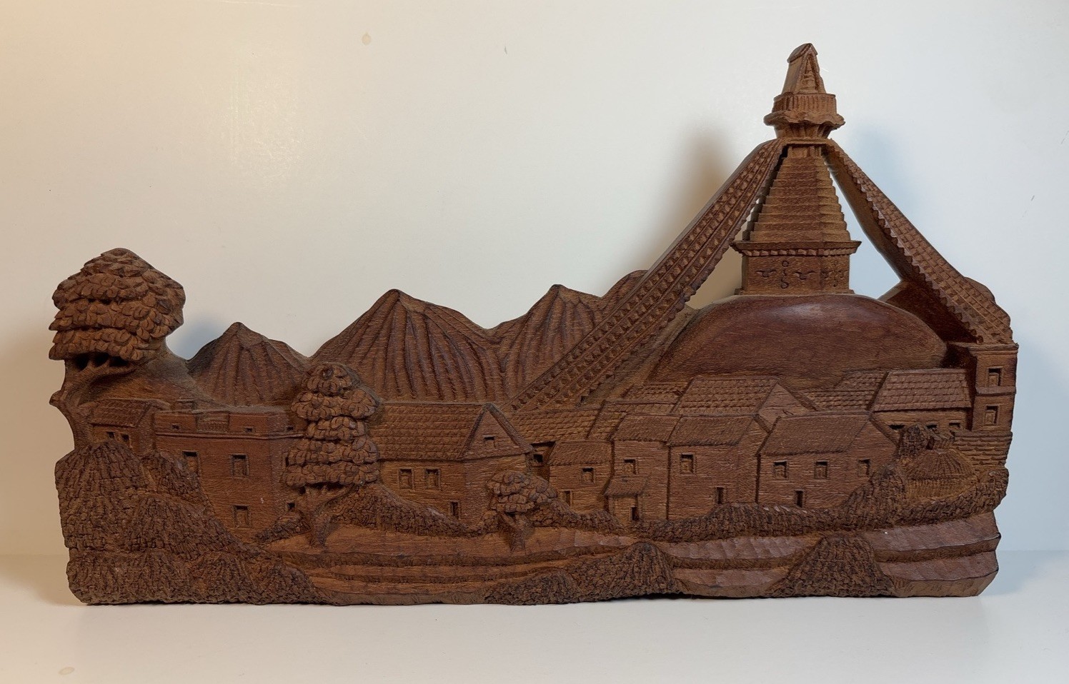 Vintage Hand Carved Wood Wall Motif Swayambhu Stupa Complex - Kathmandu Buddhism