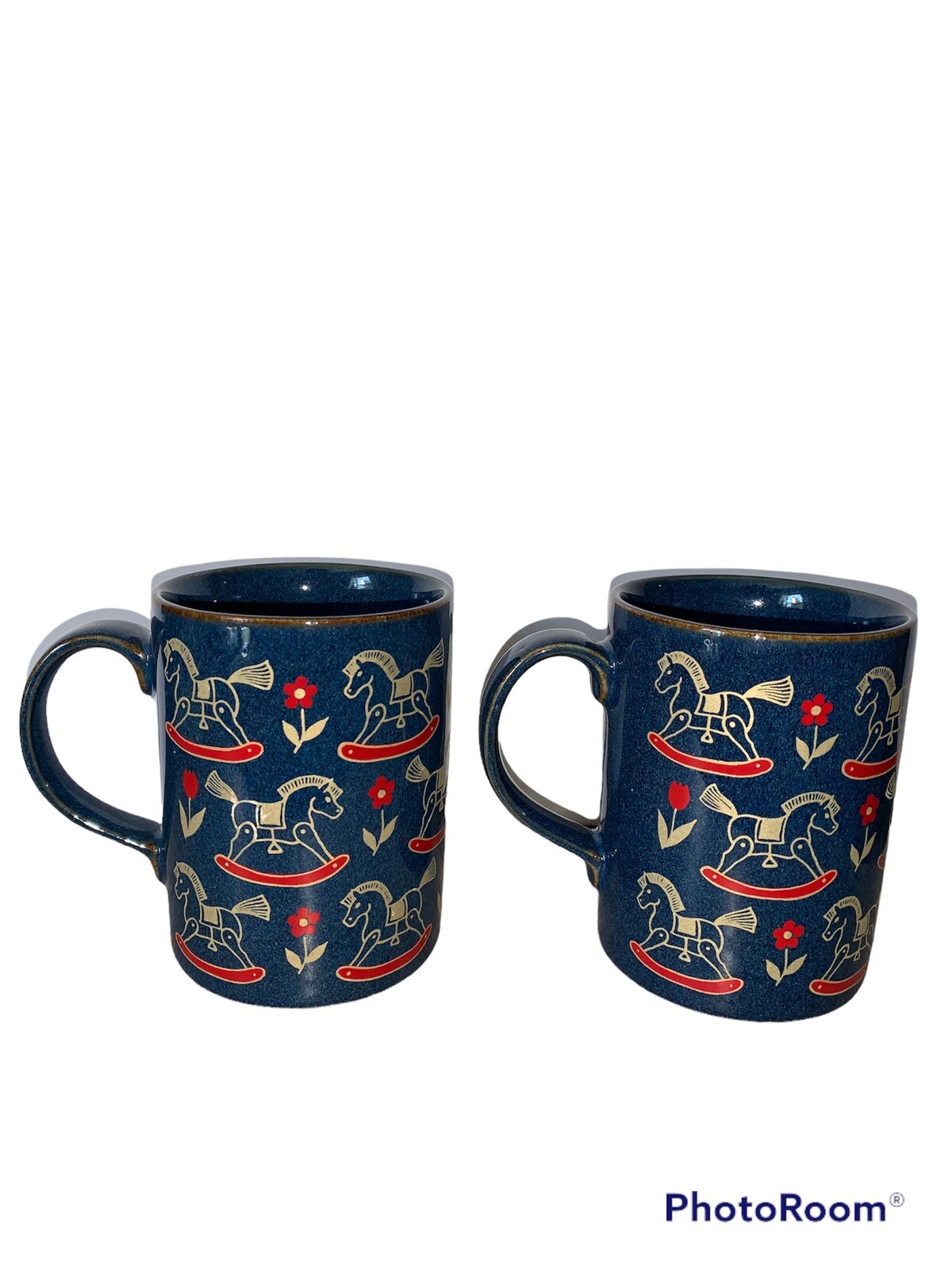 Vtg Otagiri Rocking Horse Set 2 Mugs Coffee Cups Midnight Blue Horse Red Flowers