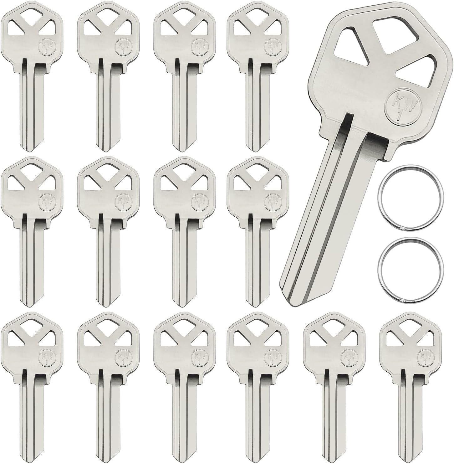 KW1 Brass Key Blanks 15 Pack Uncut House Door Keys w/ 2 Key Rings Locksmith