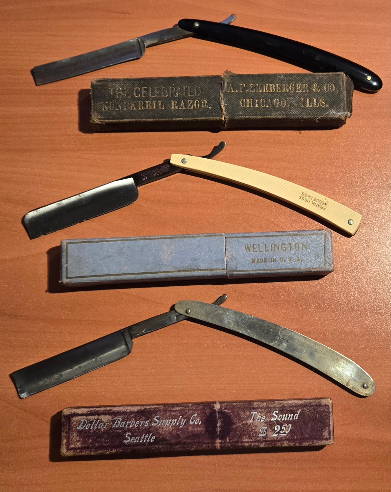 Three Antique Straight Razors With Boxes - Monarch - Hess 66 - Tiemann