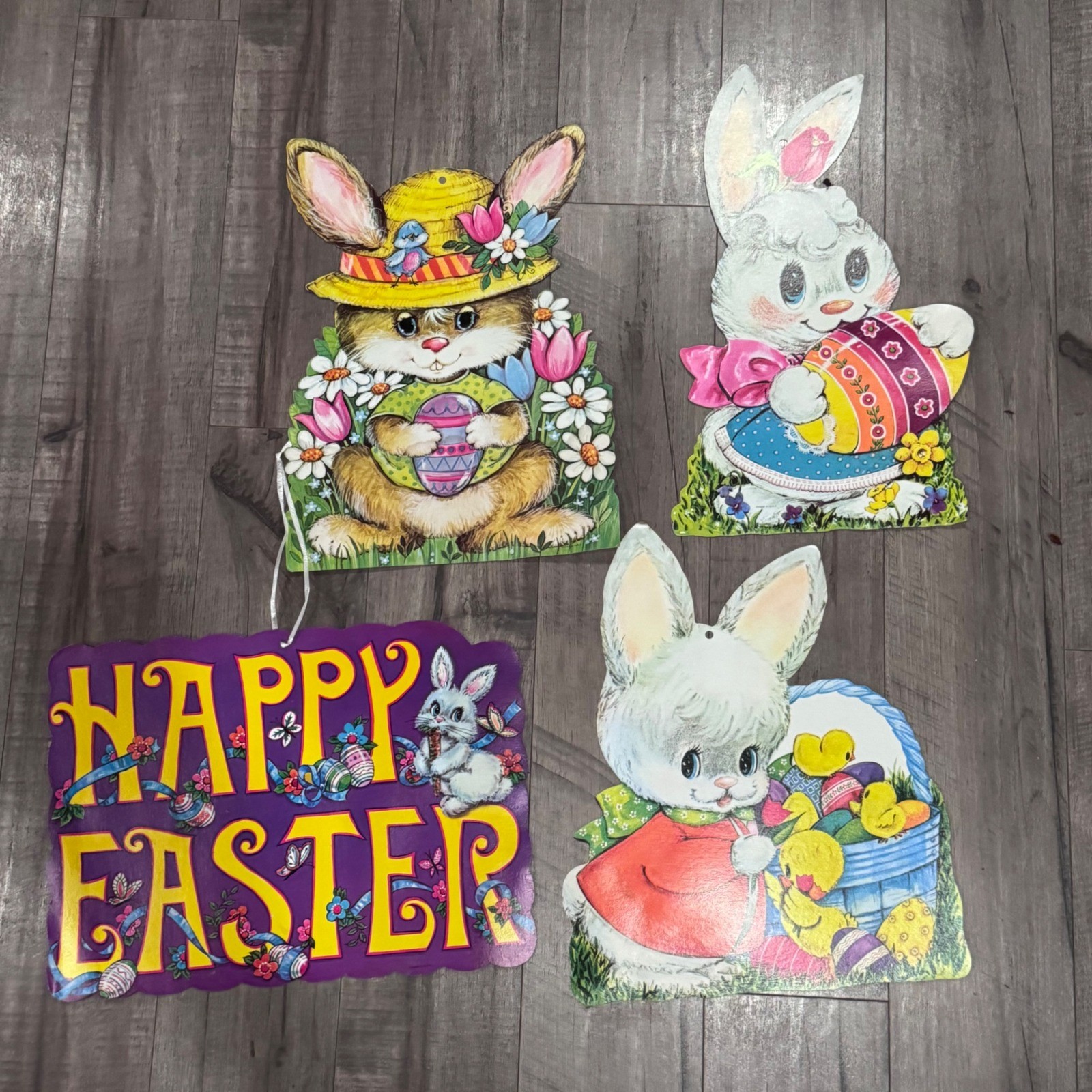 VTG Easter cut out cardboard decorations Bunny Basket Chick Made in USA