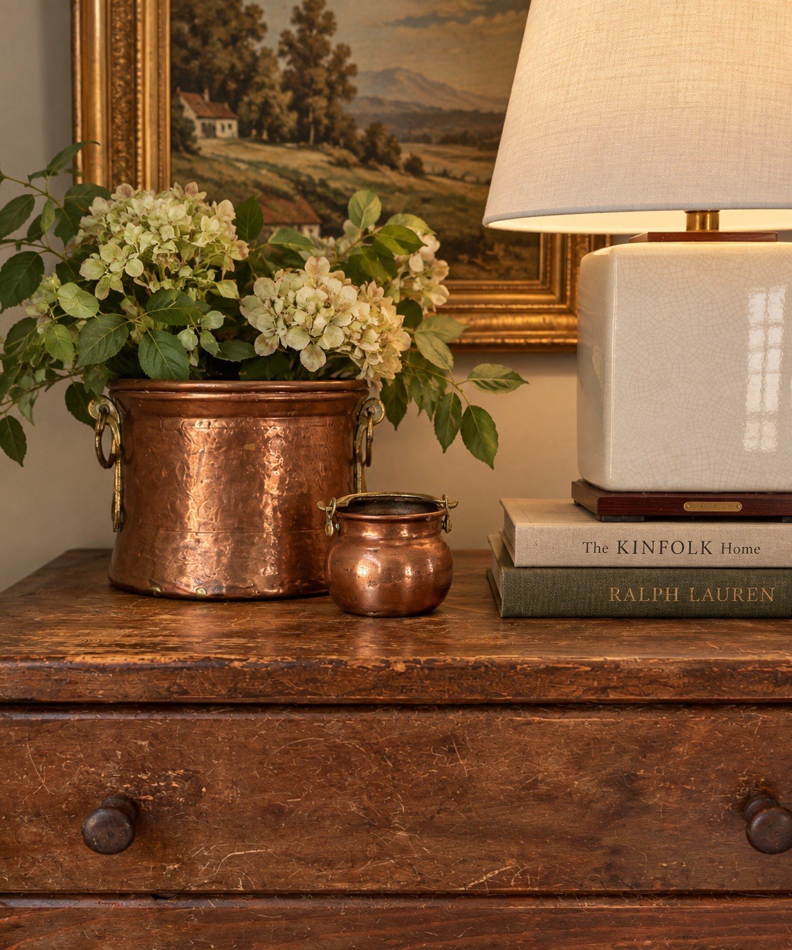 Pair Of Vintage Hammered Copper Cachepot / Planter with Brass Snake Handles