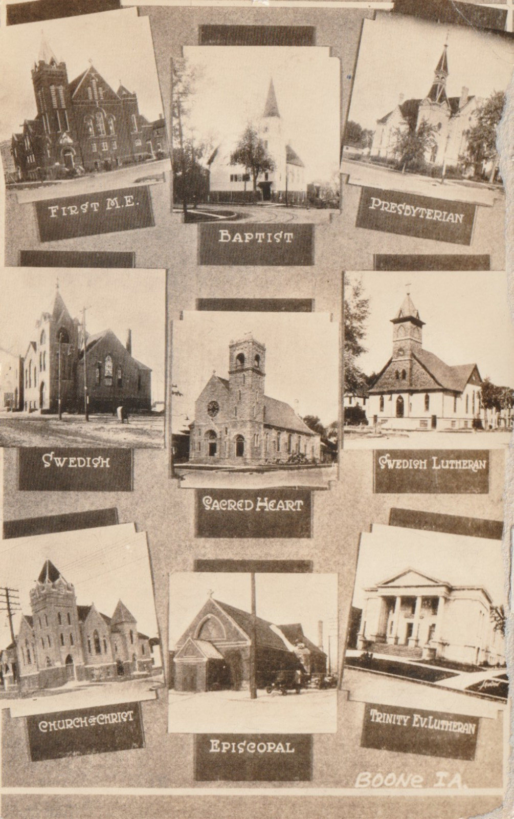 Vintage RPPC Postcard Boone IA 9 View Churches Photo by Lainson Iowa 1937 Multi