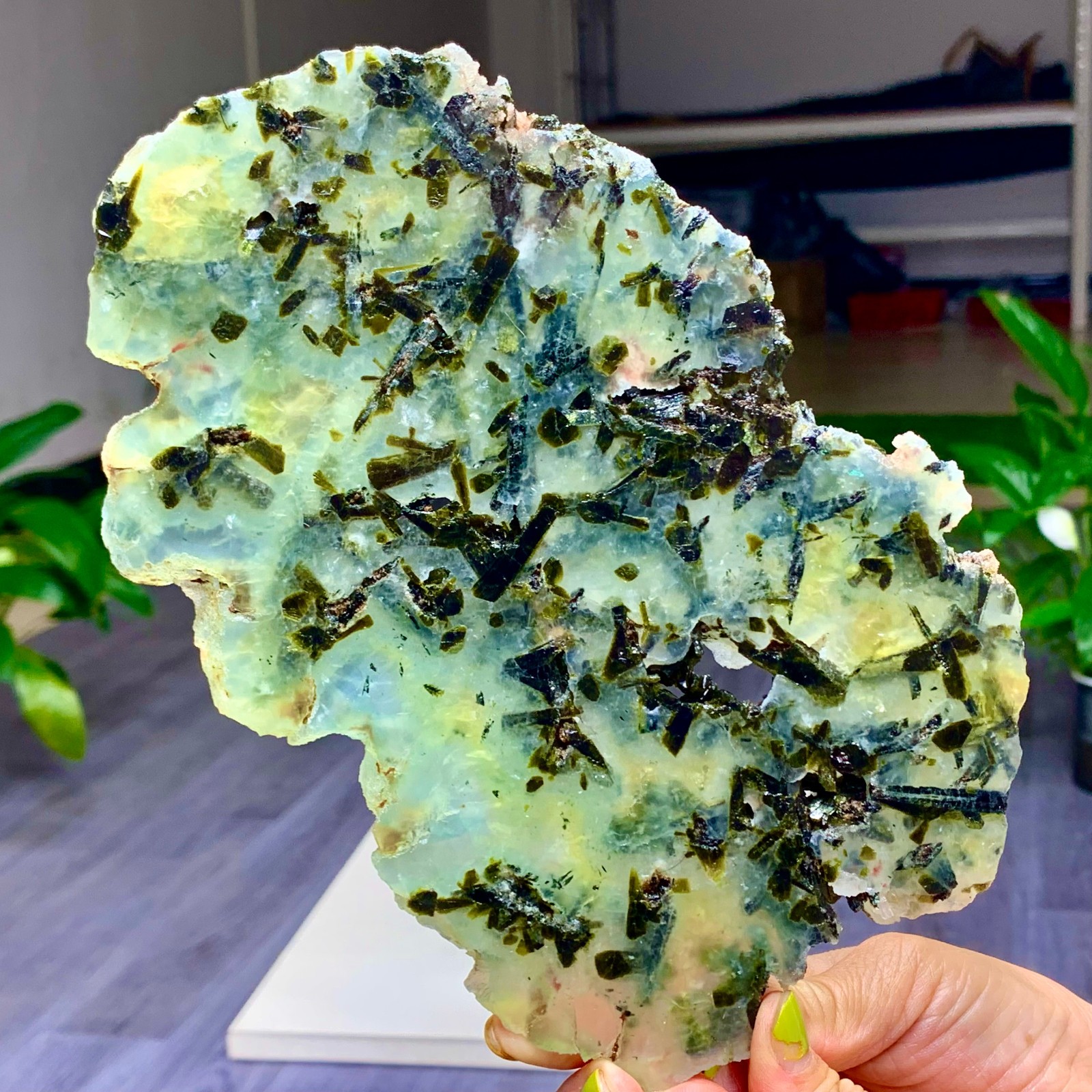 1.29LB  Natural green prehnite& Tourmaline Crystal specimen