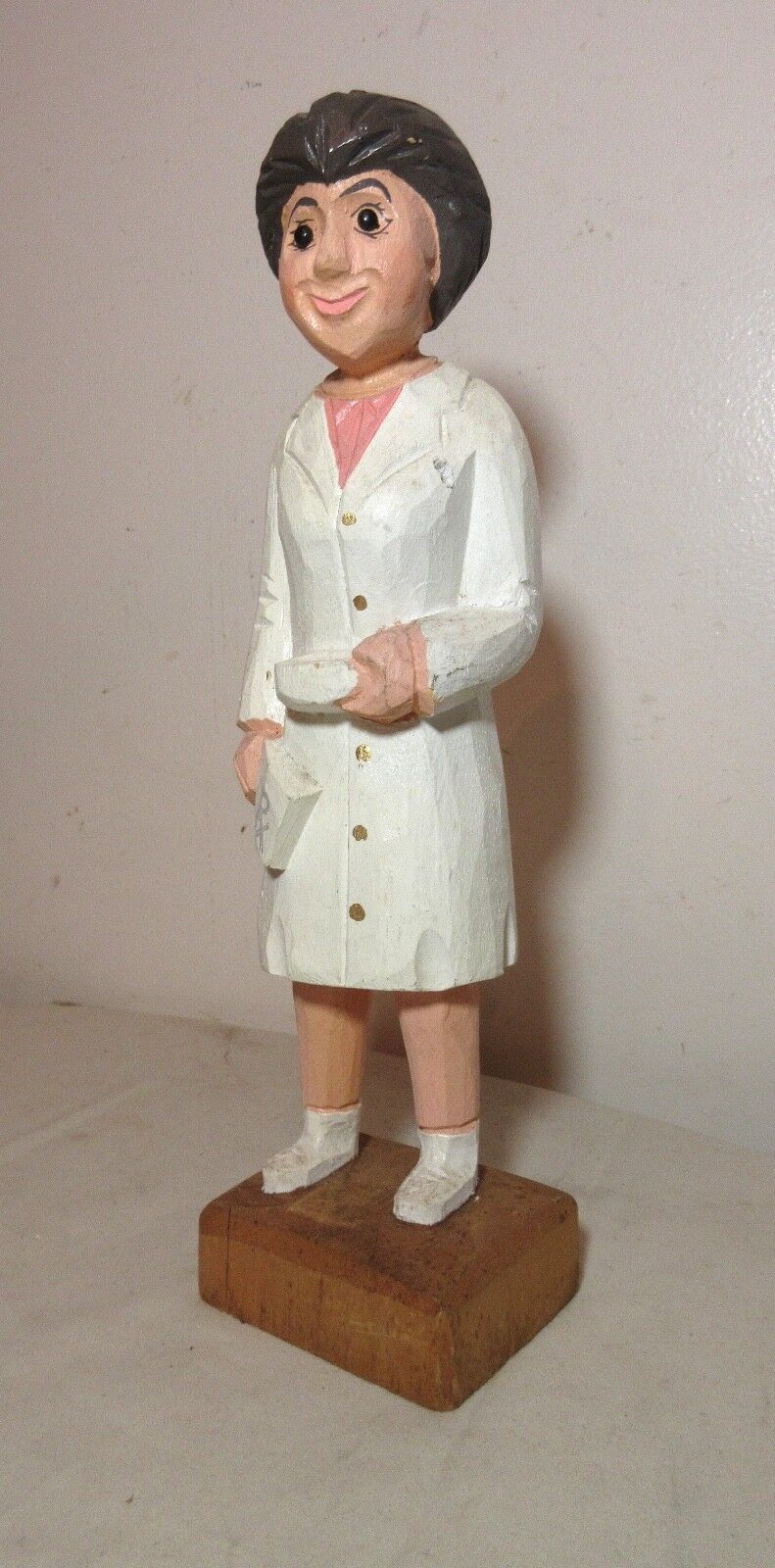 vintage hand carved wood Folk Art figural nurse doctor RX sculpture figurine
