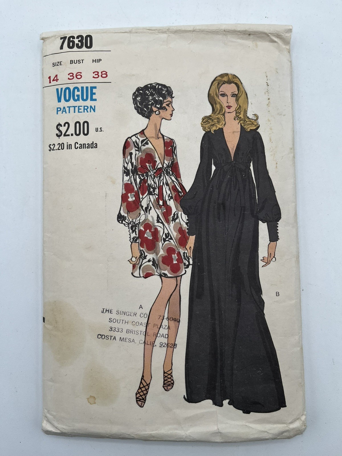 Vintage 1969 Vogue 7630 Boho Gown Dress Pattern Long Sleeve Size 14 Bust 36 