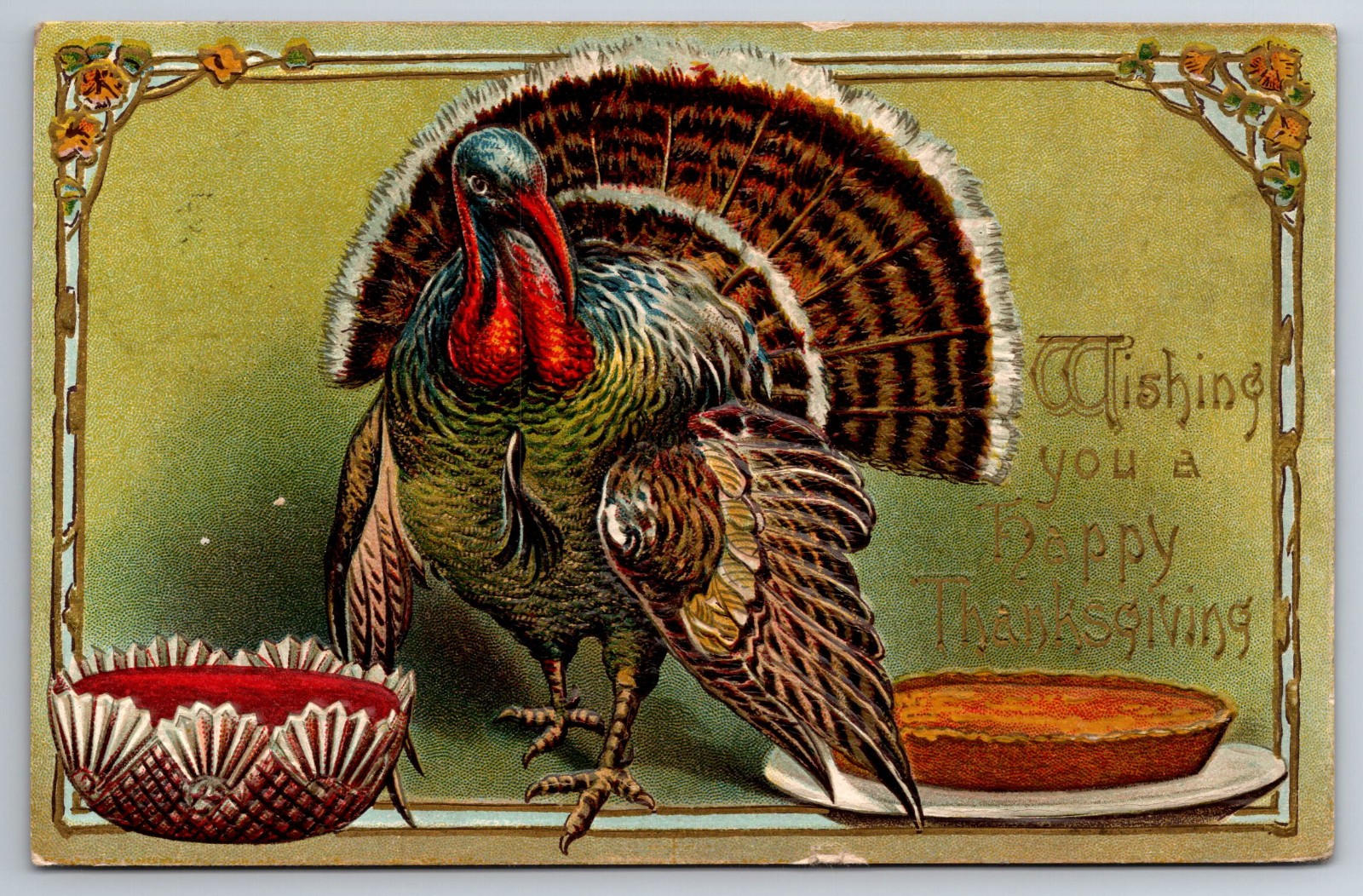 Happy Thanksgiving, Fancy Turkey, Pumpkin Pie, Embossed, c1907, Vintage Postcard