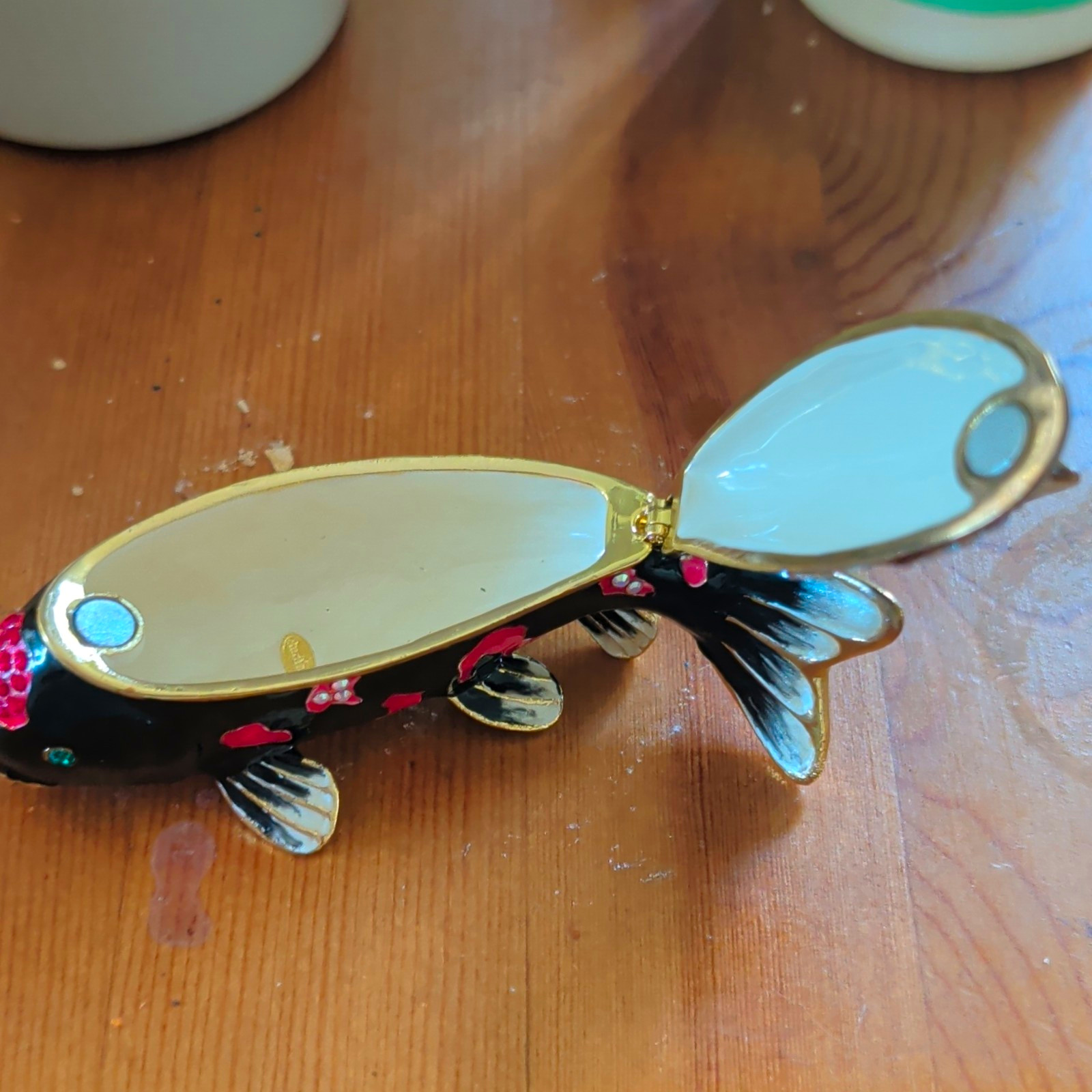 Fish Shaped Trinket Box Black with Red Rhinestone Accents Hinged Lid