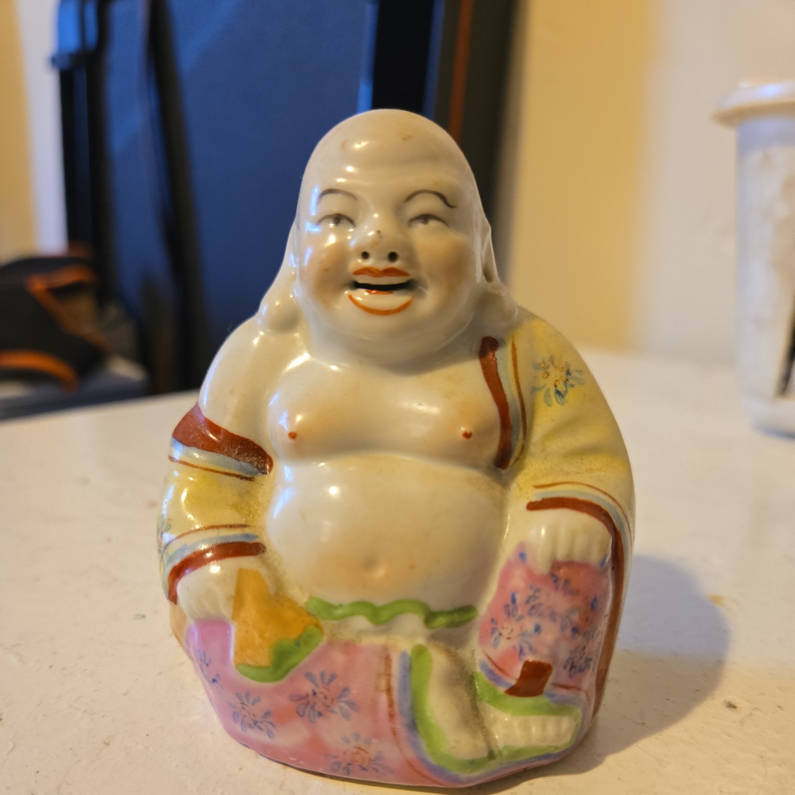 Vintage Smiling Buddha 62 Chinese Porcelain 3.5” Handpainted Figurine Asian