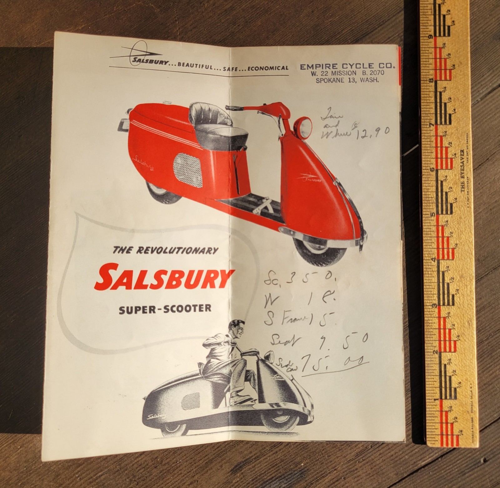 Vintage Original 1940s SALSBURY Super Motor Scooter Brochure Pomona California
