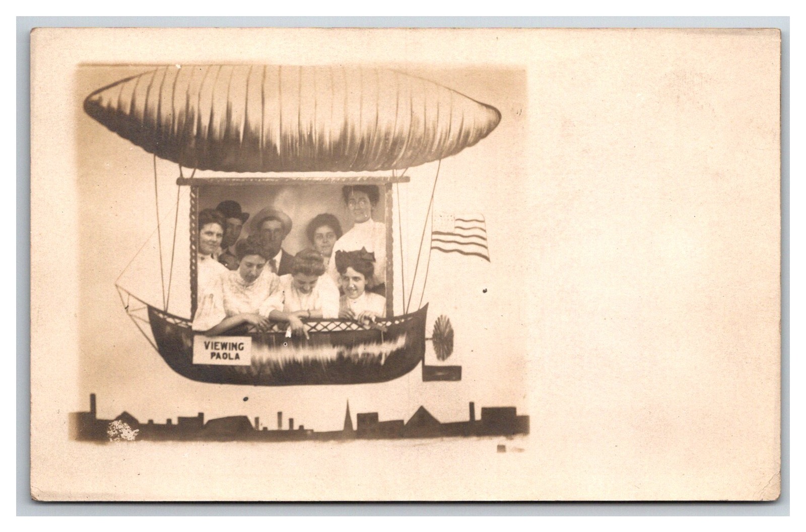 RPPC ~ Paola KS ~ Arcade Prop Hot air Balloon /dirigible over main street