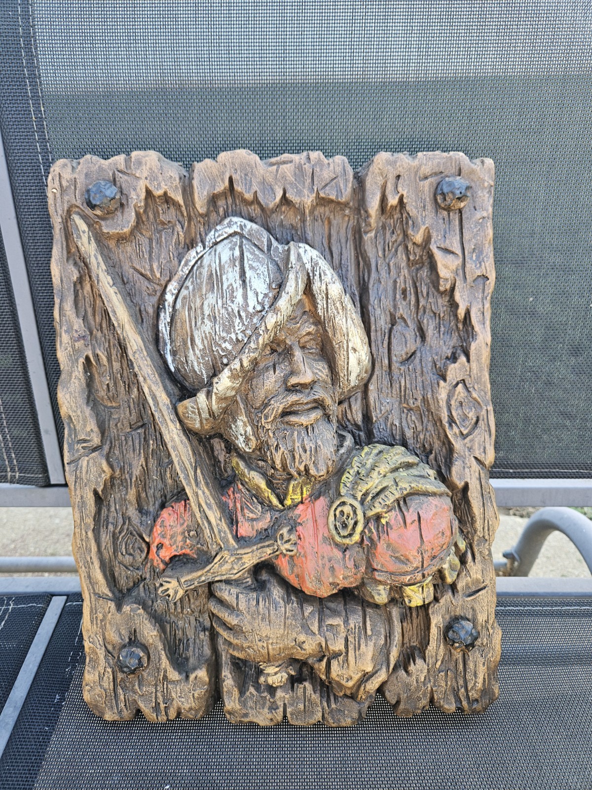 Vintage Mid Century Spanish Conquistador Soldiers Wall Art 3D Plaque Faux Wood