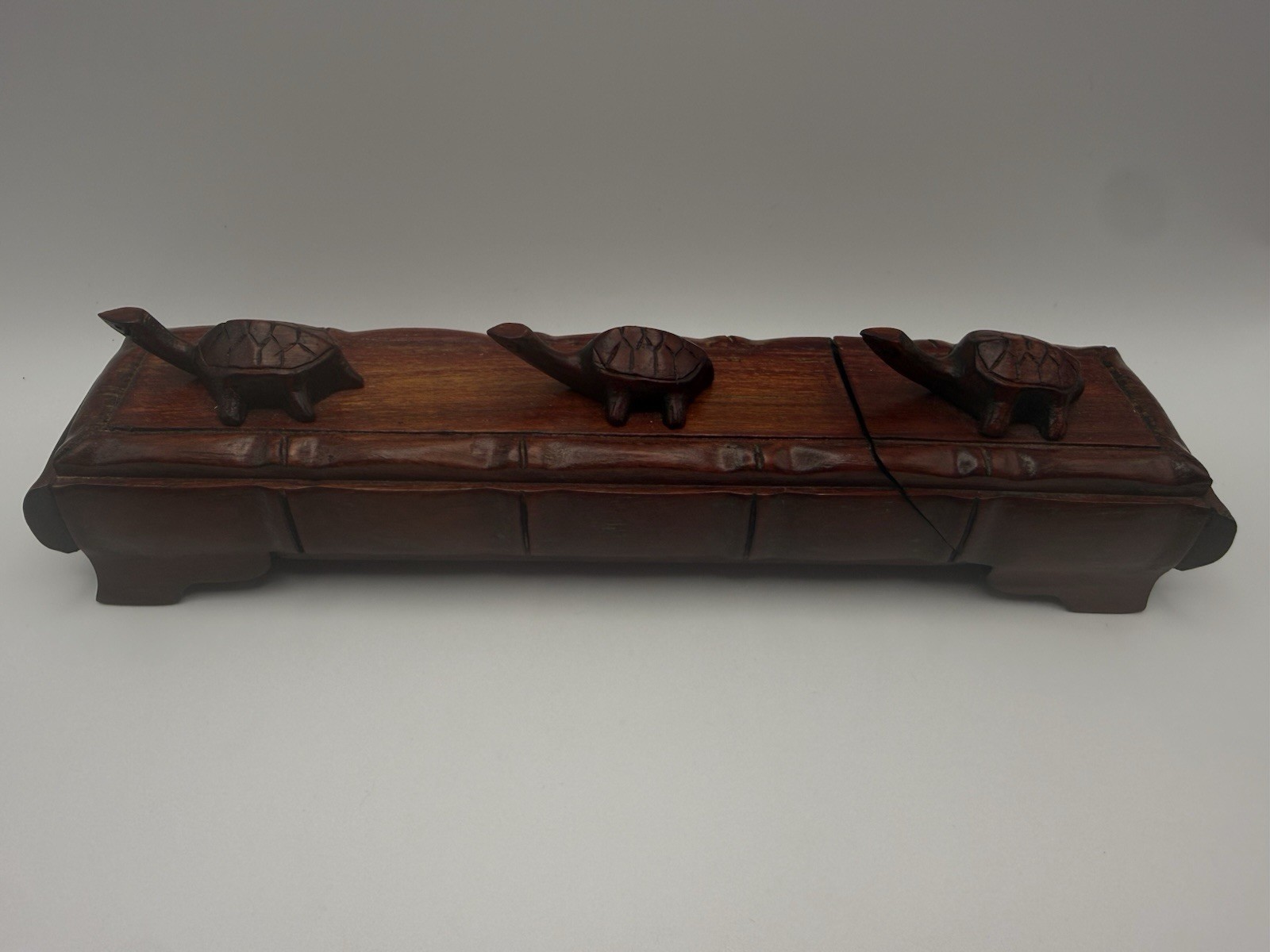 Vintage Wood Carved Chopsticks in Carved Wood Box with Turtles on top  Set of 12