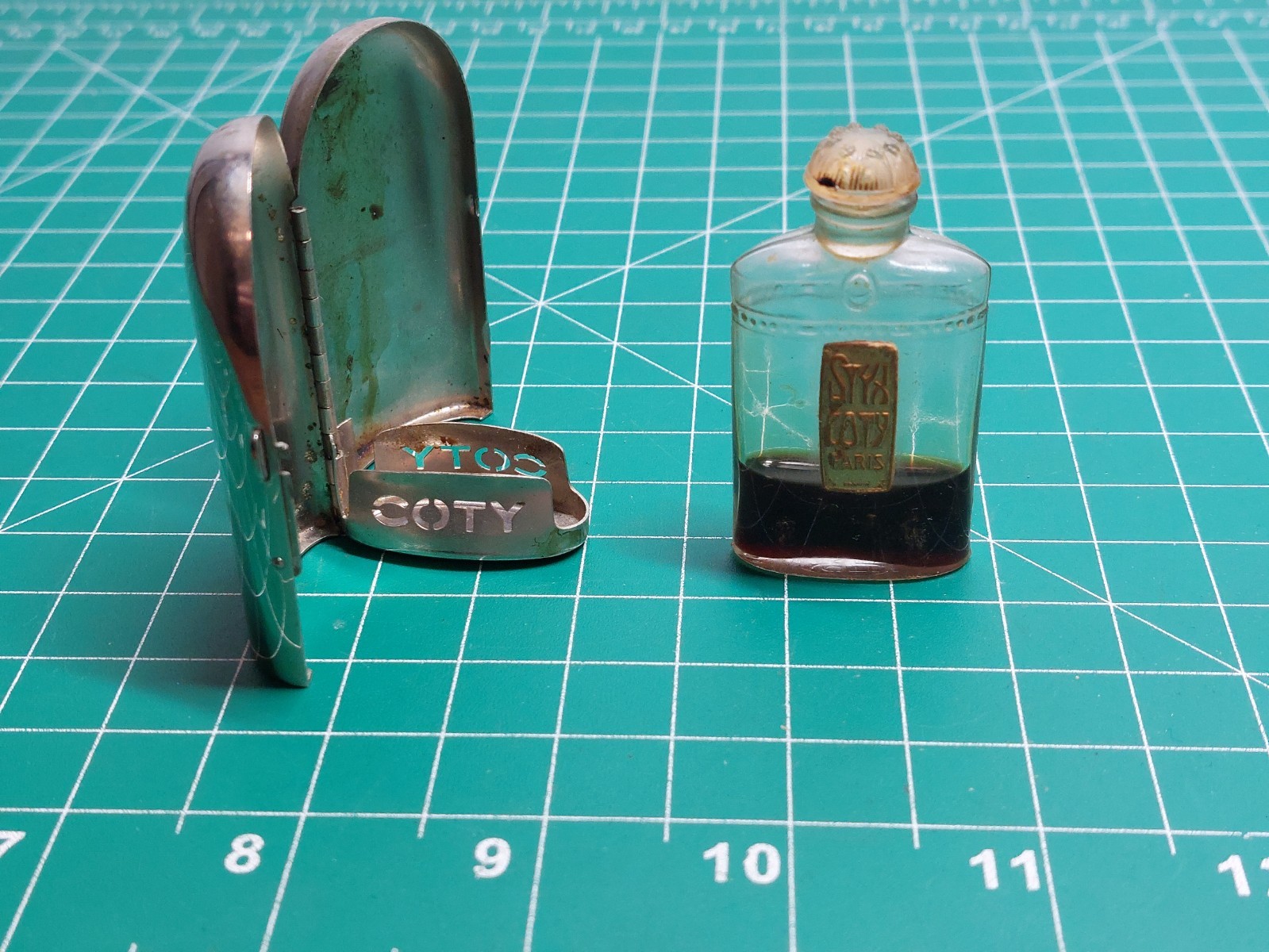 Vintage Coty Silver Tone Casket Perfume Case with Glass Bottle