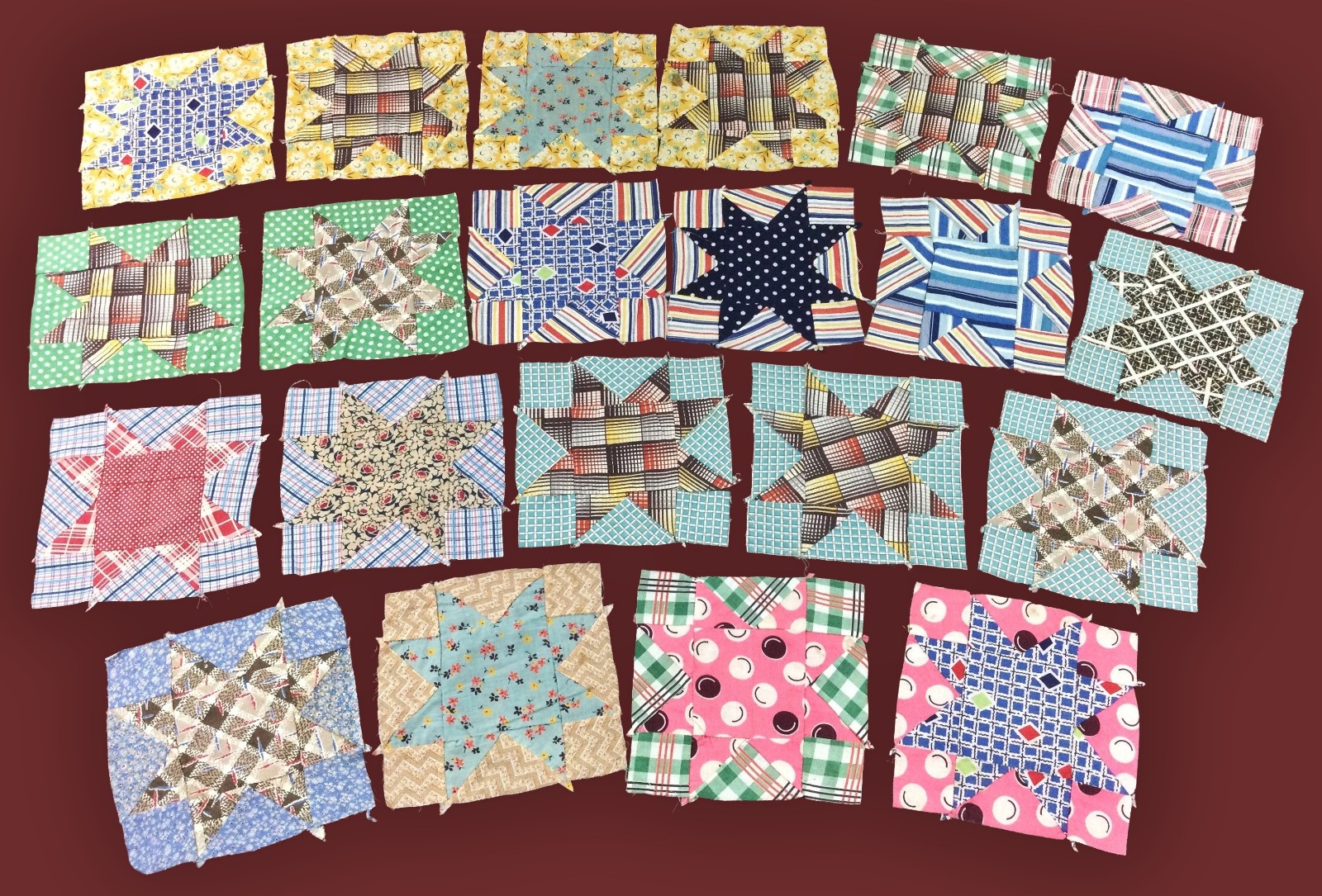 21 vtg 30S 40S SAWTOOTH STAR PATCHWORK FEEDSACK FABRIC SCRAP QUILT TOP BLOCK LOT