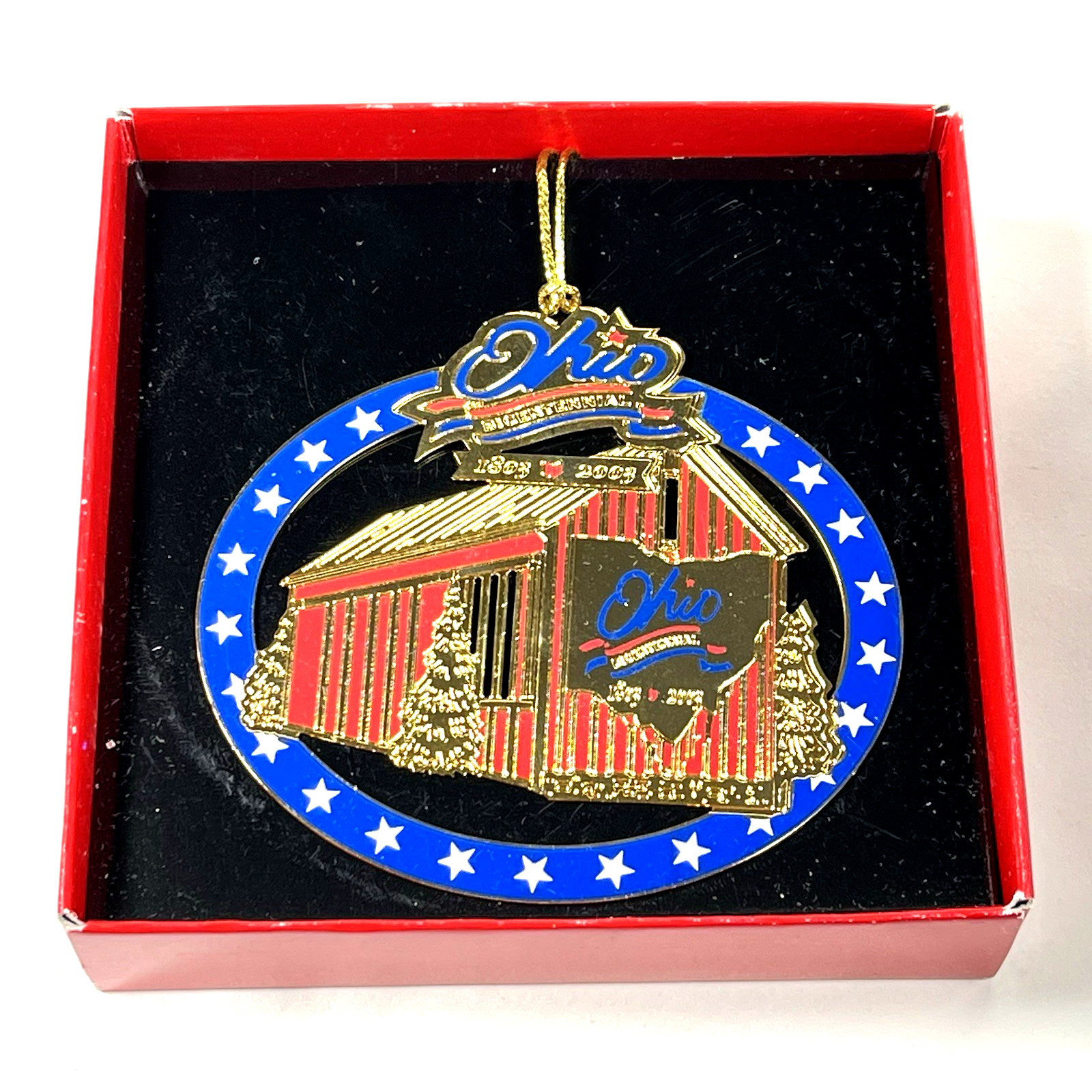 Ohio Bicentennial Barn Christmas Ornament 1803-2003 Red White Blue Gold Tone A1