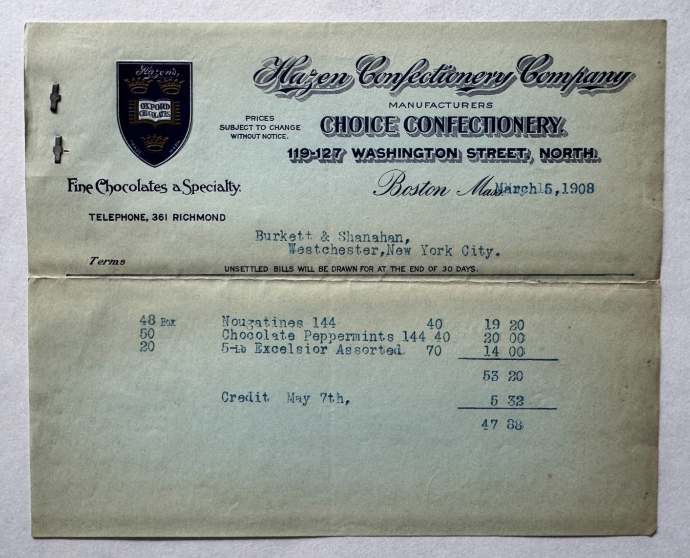 Vtg 1908 Billhead Boston MA Hazen Confectionary Oxford Chocolates embossed logo