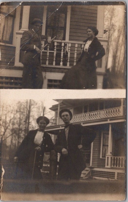 c1910s Real Photo RPPC Postcard Couple Posing in Front of House / Two Views