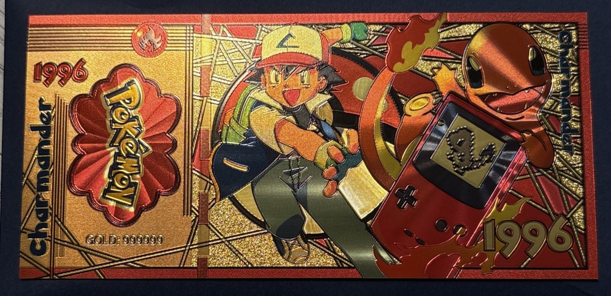24k Gold Foil Plated Charmander Pokemon Banknote Gameboy GOLD