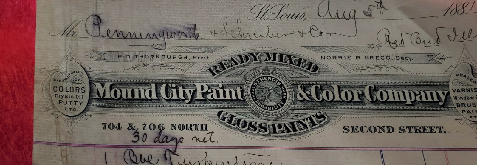  Vignette Billhead Letterhead Ephemera MOUND CITY PAINT & COLOR CO 1881 