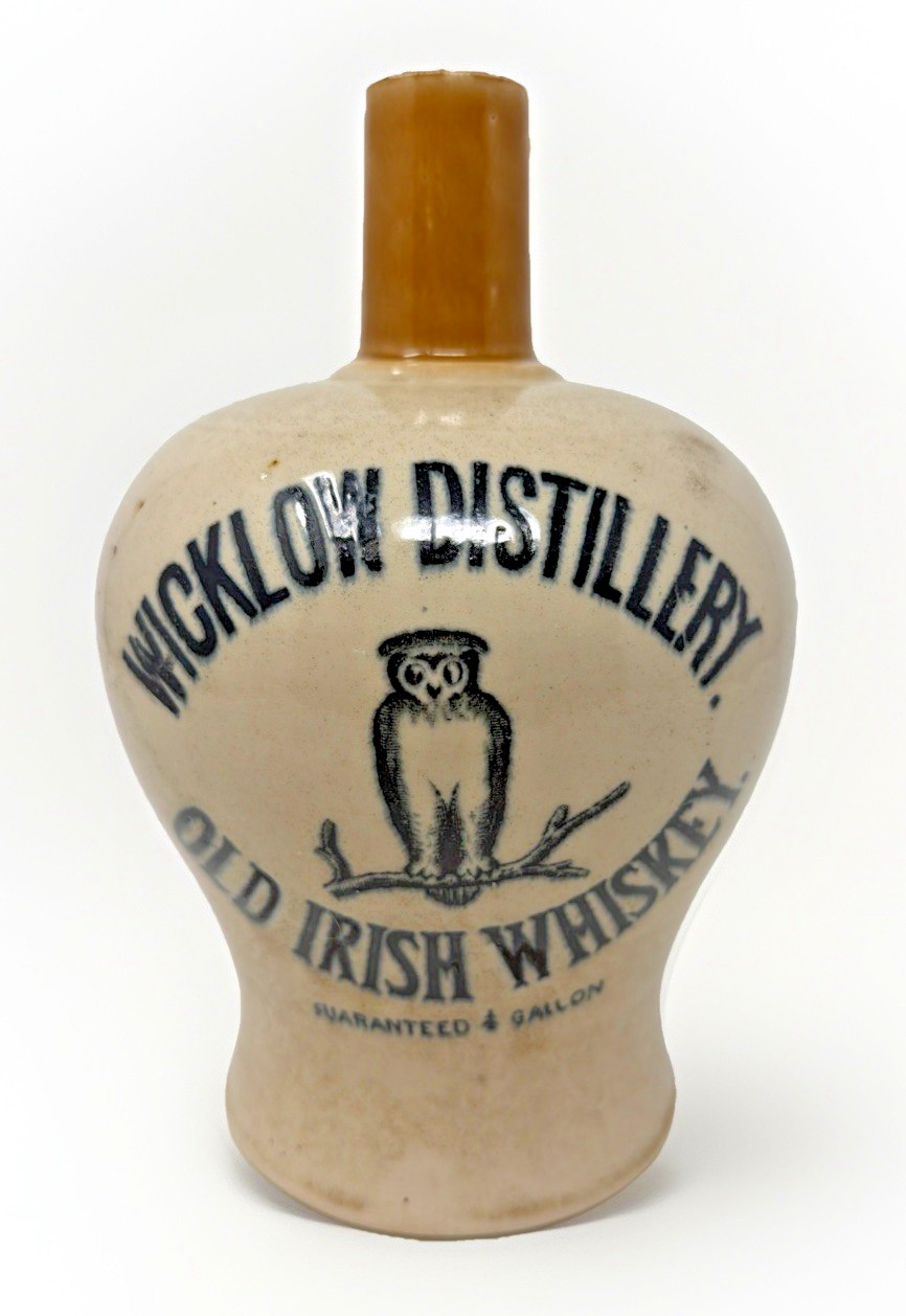 Antique 1890s Wicklow Distillery Irish Whiskey Stoneware Jug Owl Port Dundas