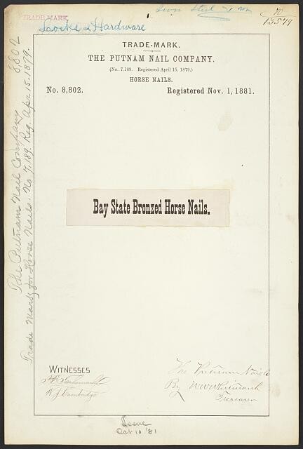 Boston MA 1881 Putnam Nail Co Bay State Bronzed Horse Nails Trademark
