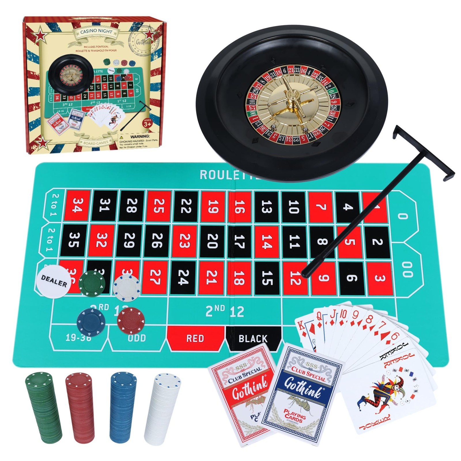 Casino Roulette Wheel Game Set with Chips, Rake & Balls - Poker Night Fun