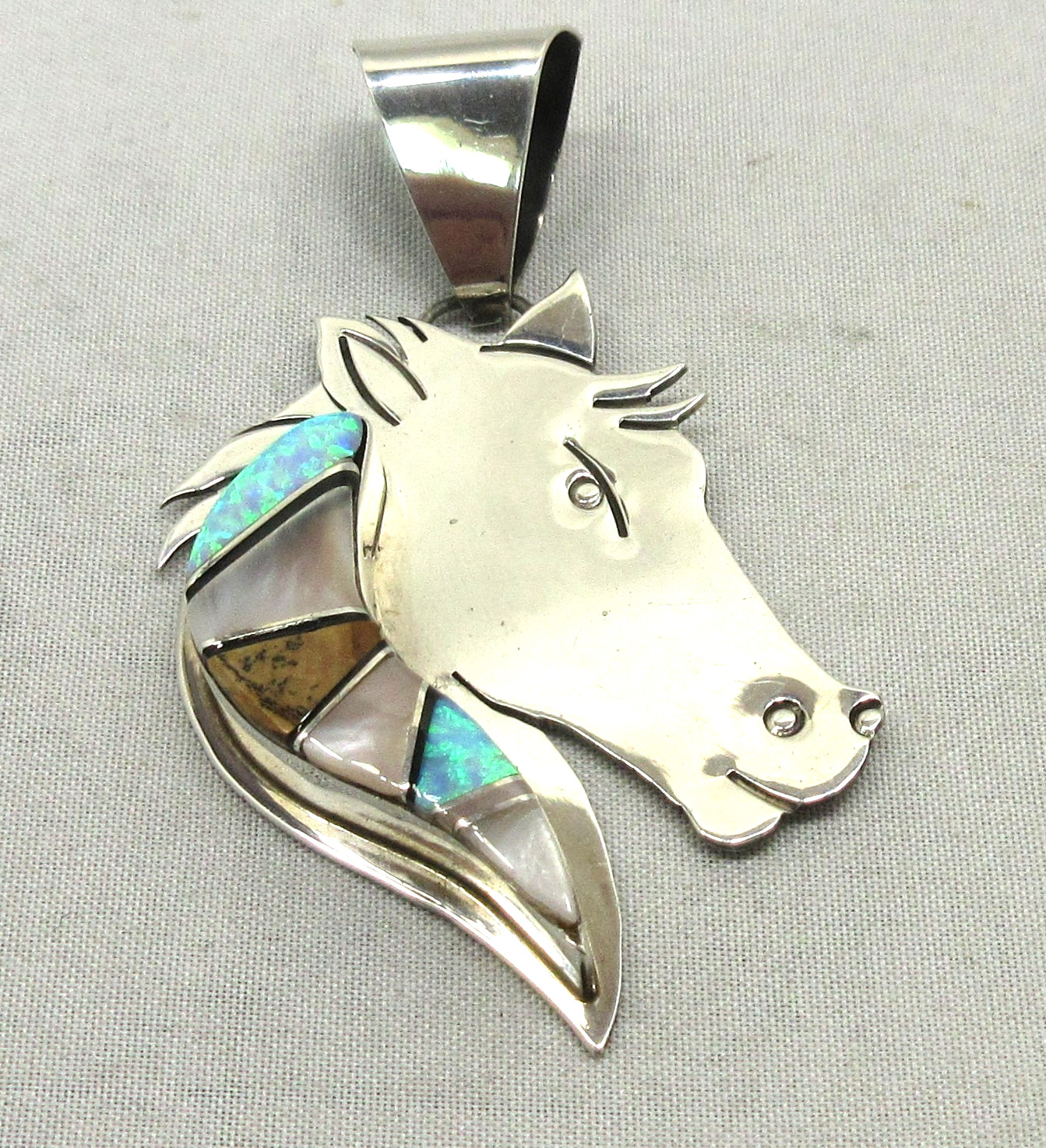 Native American Navajo Sterling Silver Horse Head Pendant Multi Stone Inlay  #9