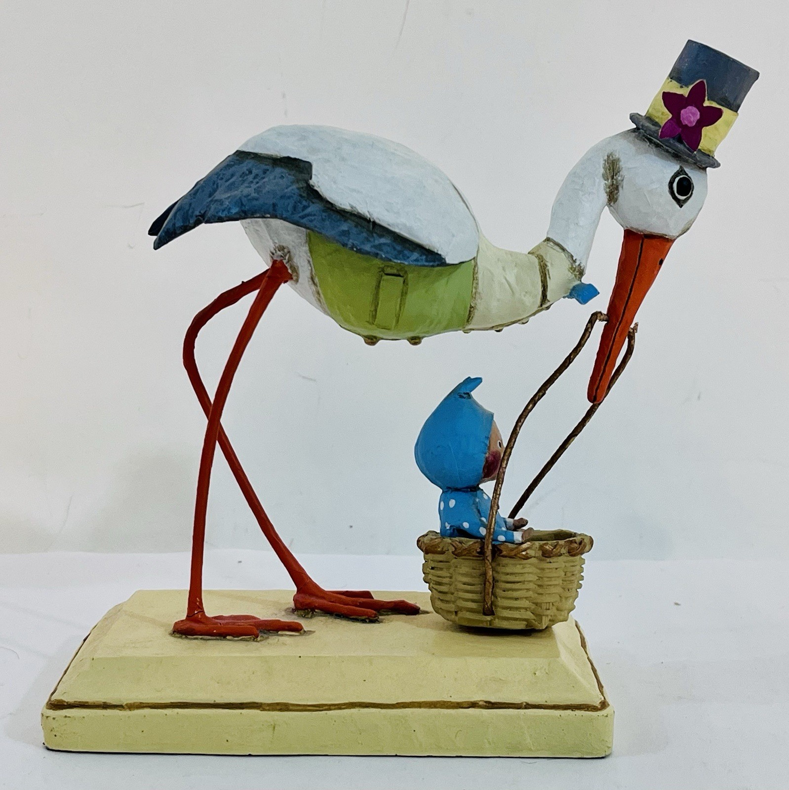 Lori C Mitchell Stork With Baby BOY In Basket Figurine EXCELLENT CONDITION