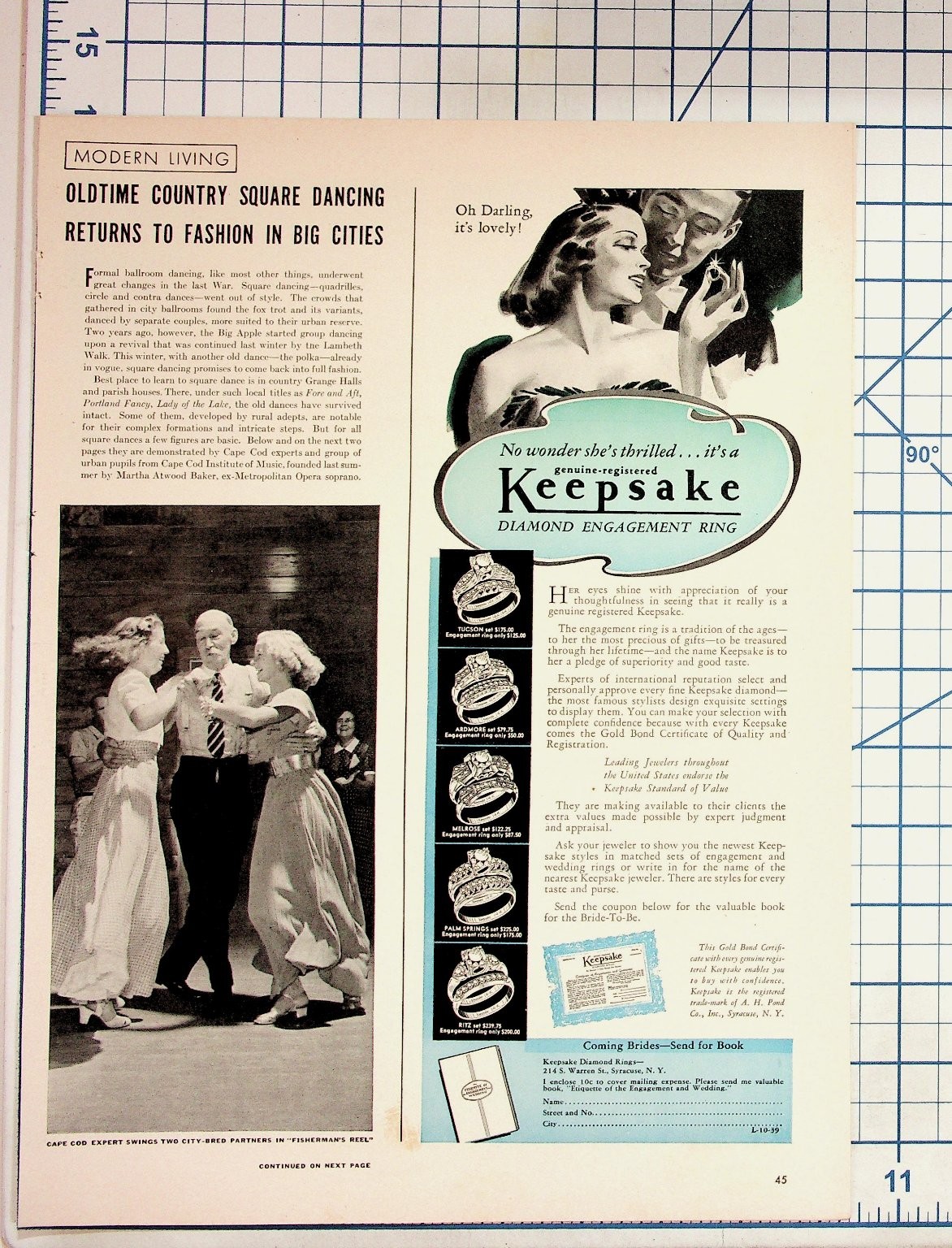 1940s Keepsake Diamond Ring Ad & Square Dance Article Magazine Page