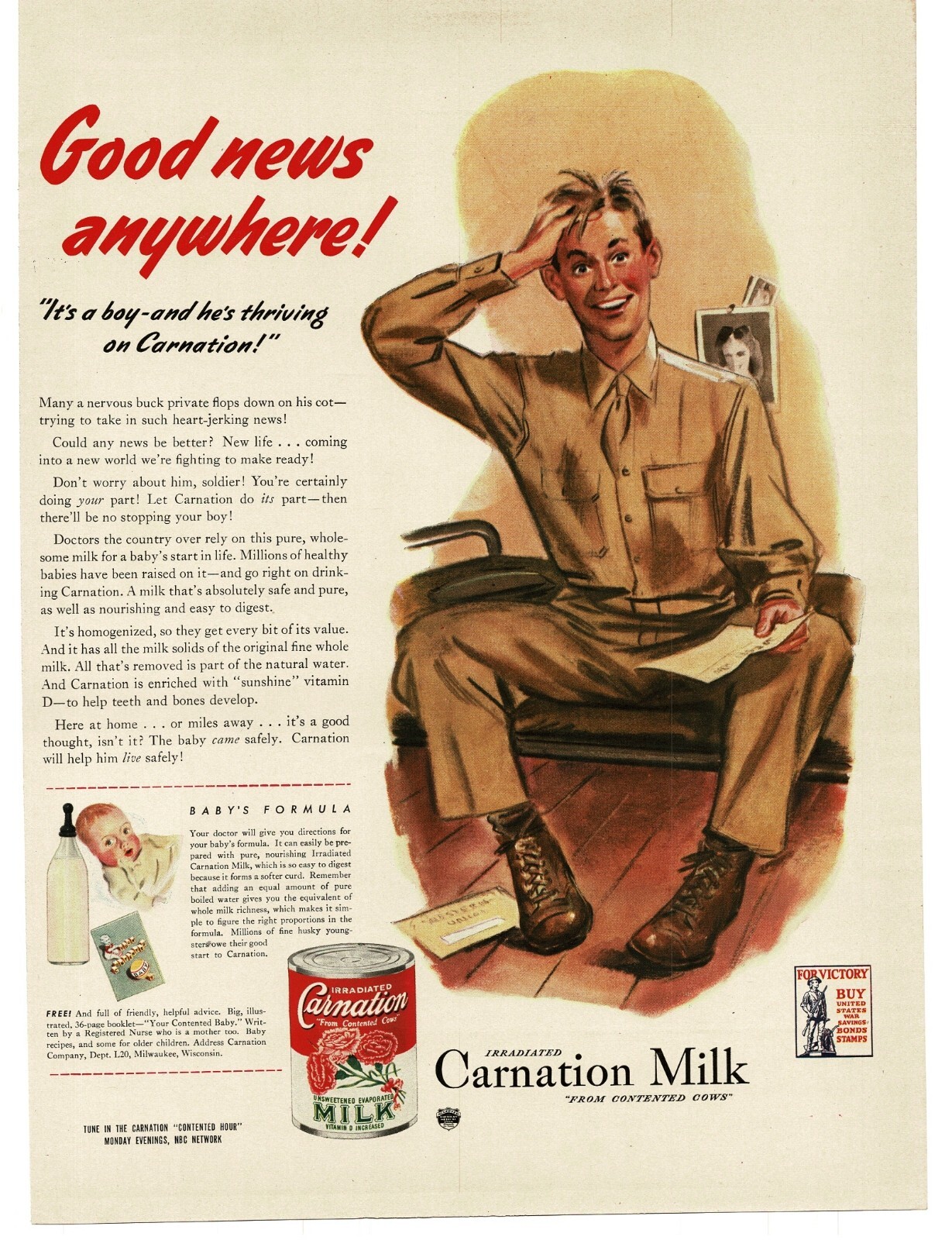 1943 Carnation Milk Soldier gets good news WWII Buy War Bonds Vintage Print Ad
