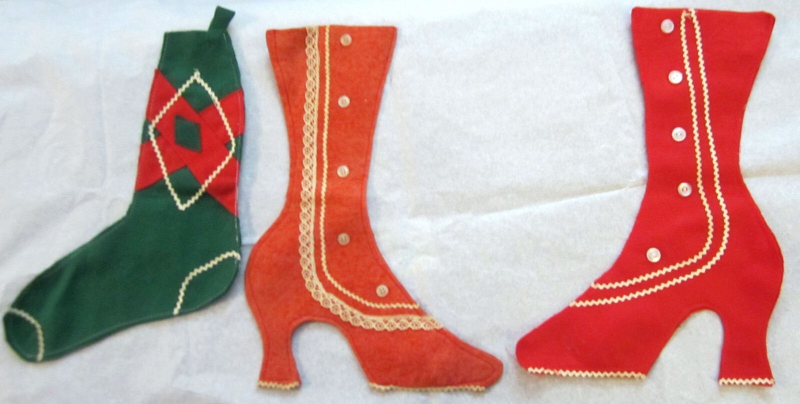 Felt Victorian Boots and 1 Felt Argyle Sock Decorations Lot of  2