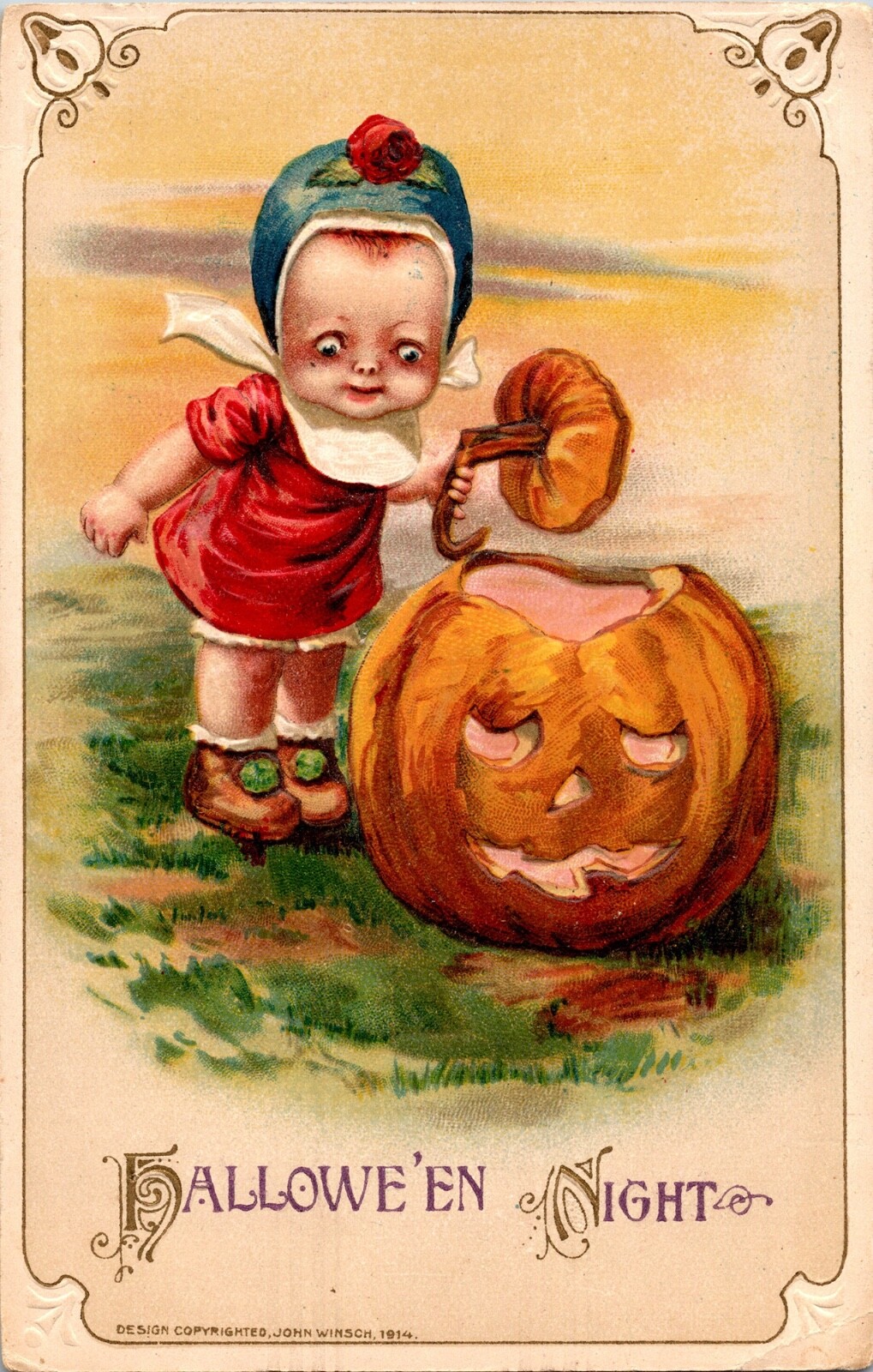 Vintage John Winsch Little Girl, Child, Pumpkin, JOL, Antique Halloween Postcard