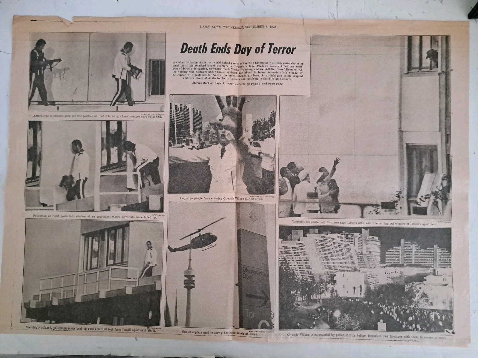 SEPTEMBER 6th 1972 NEW YORK DAILY NEWS NEWSPAPER CENTER SEC OLYMPIC TERRORISTS 