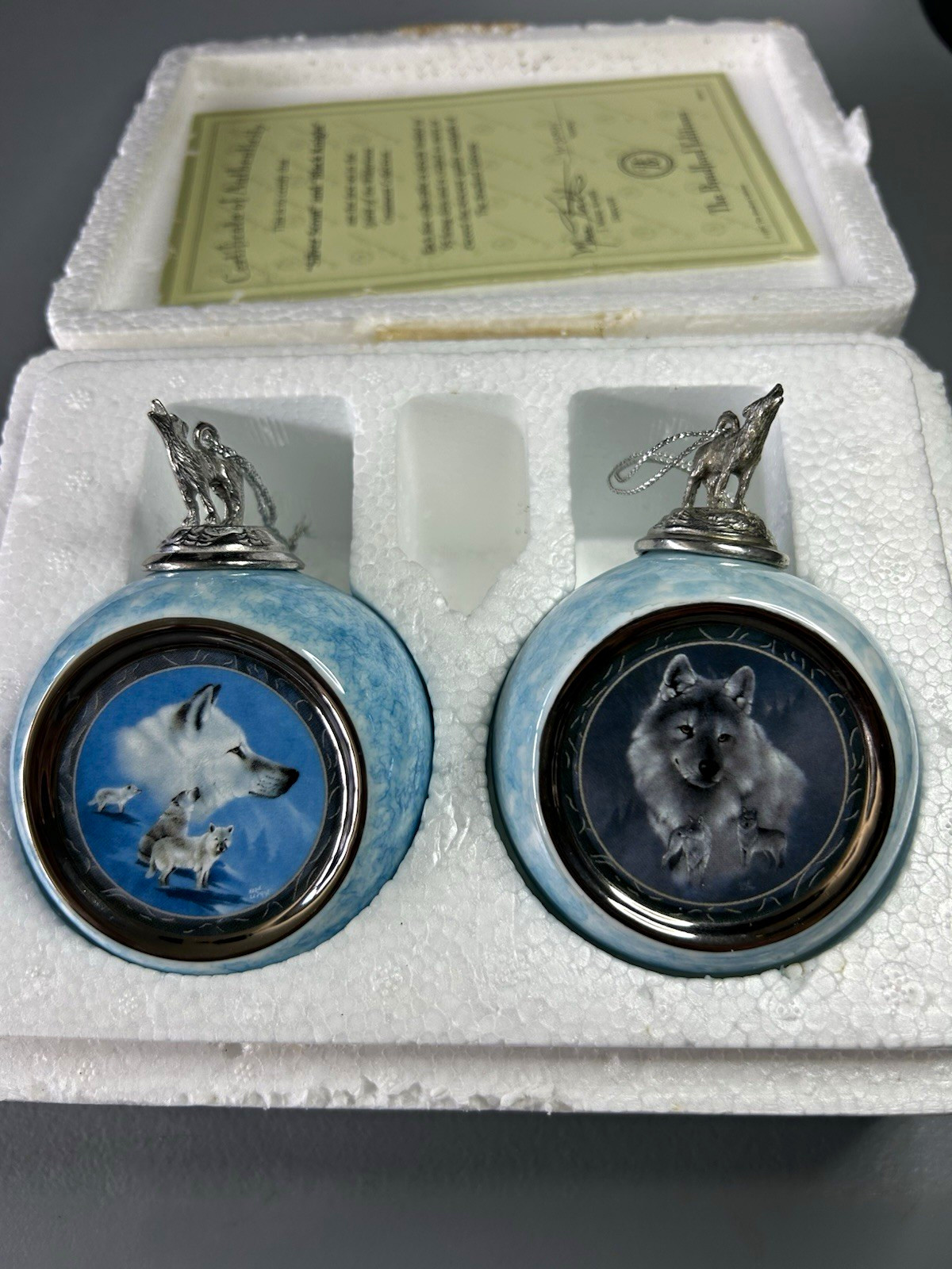 The Bradford Editions Spirit of the Wilderness Wolf Ball Ornaments Set of 2 1997
