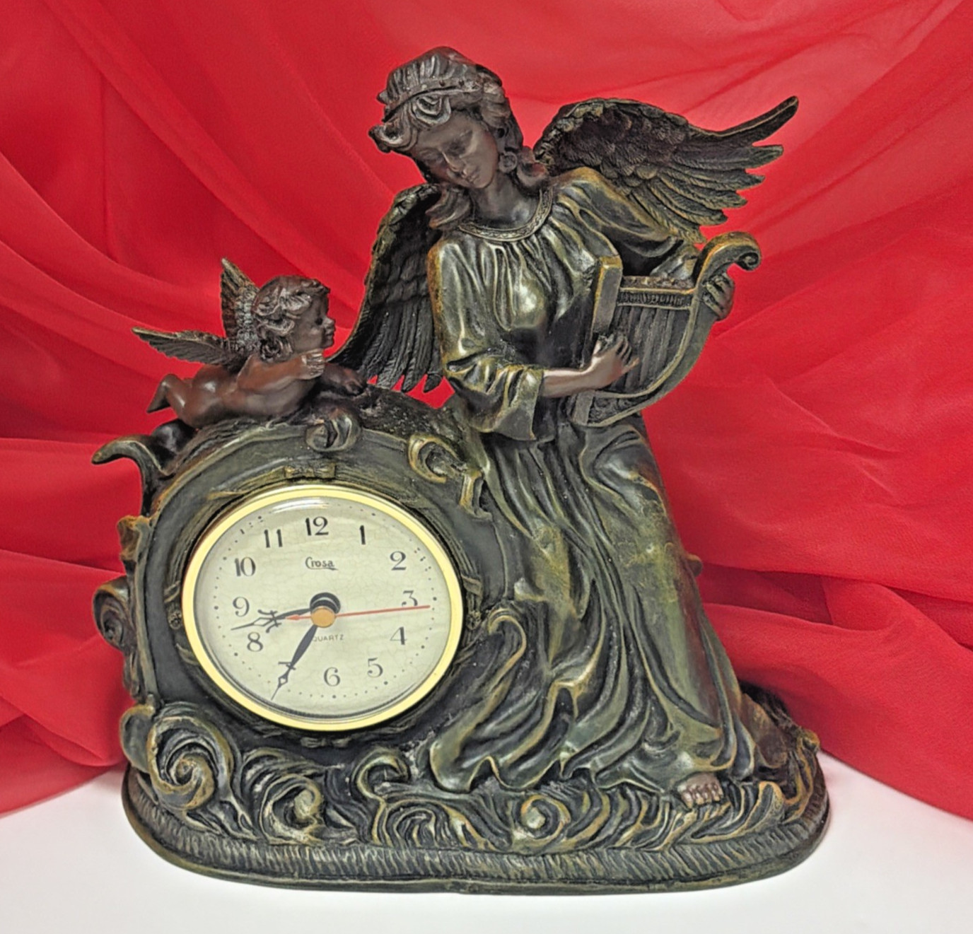 VTG MCM Crosa Clock Co bronzite resin Mantel Clock Angel w/ Harp & Cherub WORKS
