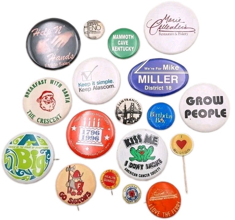 VTG Pin-Back Metal Button Lapel/Hat Pin Retro Mixed Novelty Statement *Lot Of 18