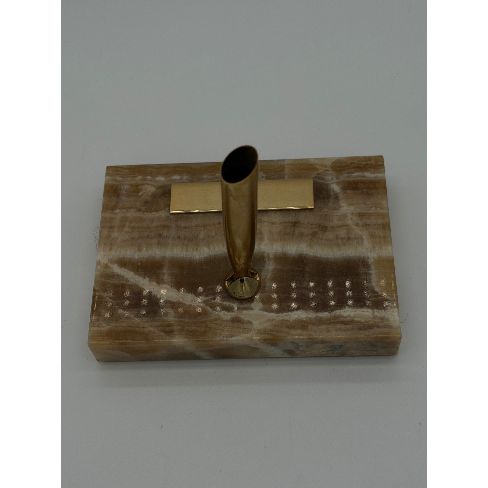 Vintage Onyx Stone Desk Pen Holder Gold Tone Base Mid Century Executive Decor