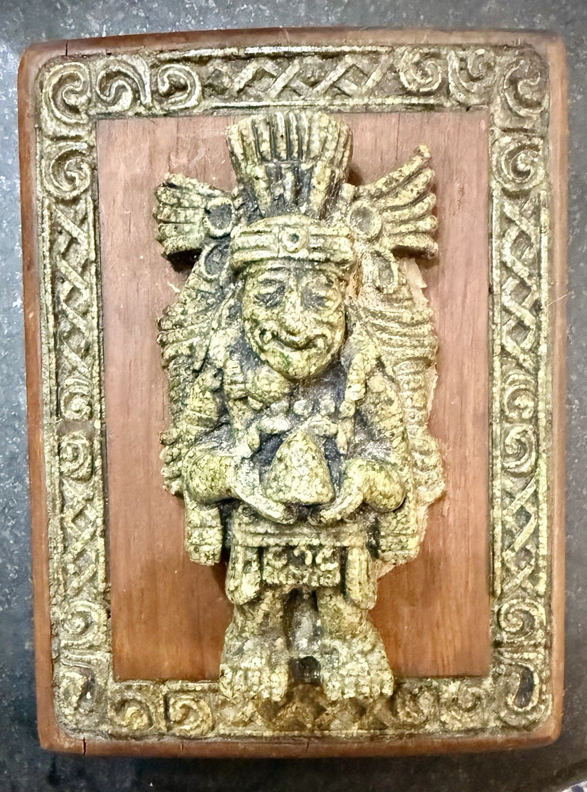 Vintage Original Zarebski Maya Aztec Decorative Stone Malachite Plaque Wall Art