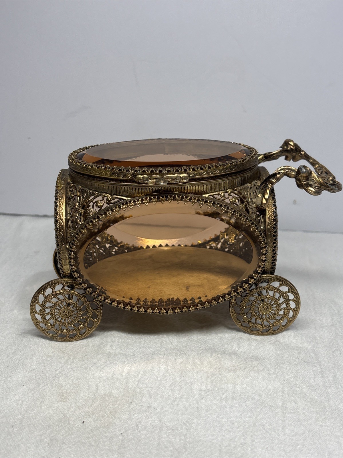 Vintage Antique Filigree Carriage Jewelry Casket Amber Beveled Glass