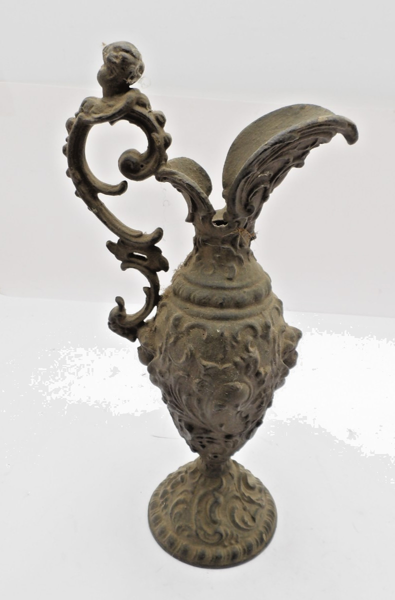 Antique Ornate Spelter Ewer Pitcher Cherub Putto Bronze Finish Art Nouveau Vase