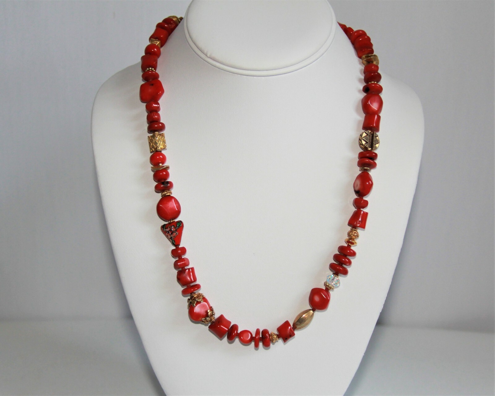 Rare Unique Vintage Deep Red Coral Sterling Silver and Gold  Necklace