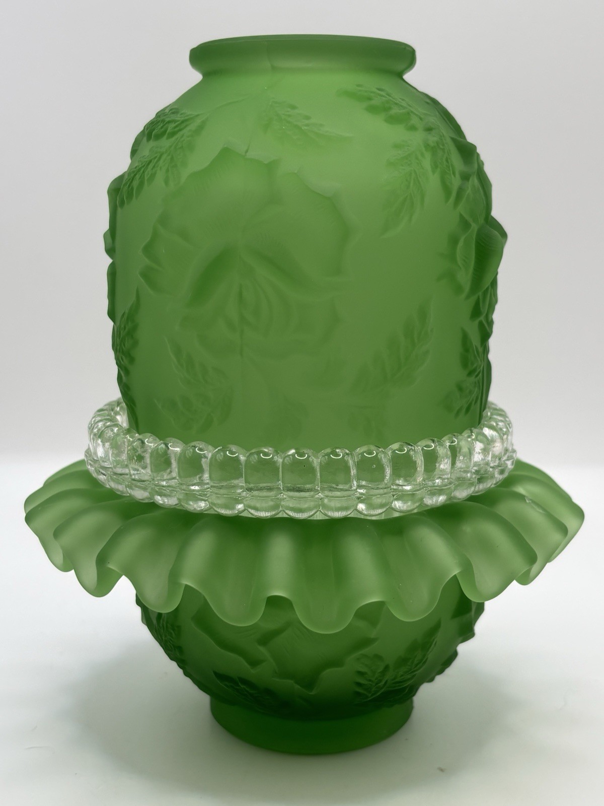 VTG Fenton For LG Wright Green Satin Glass Fairy Lamp 3 Pc Embossed Wild Roses