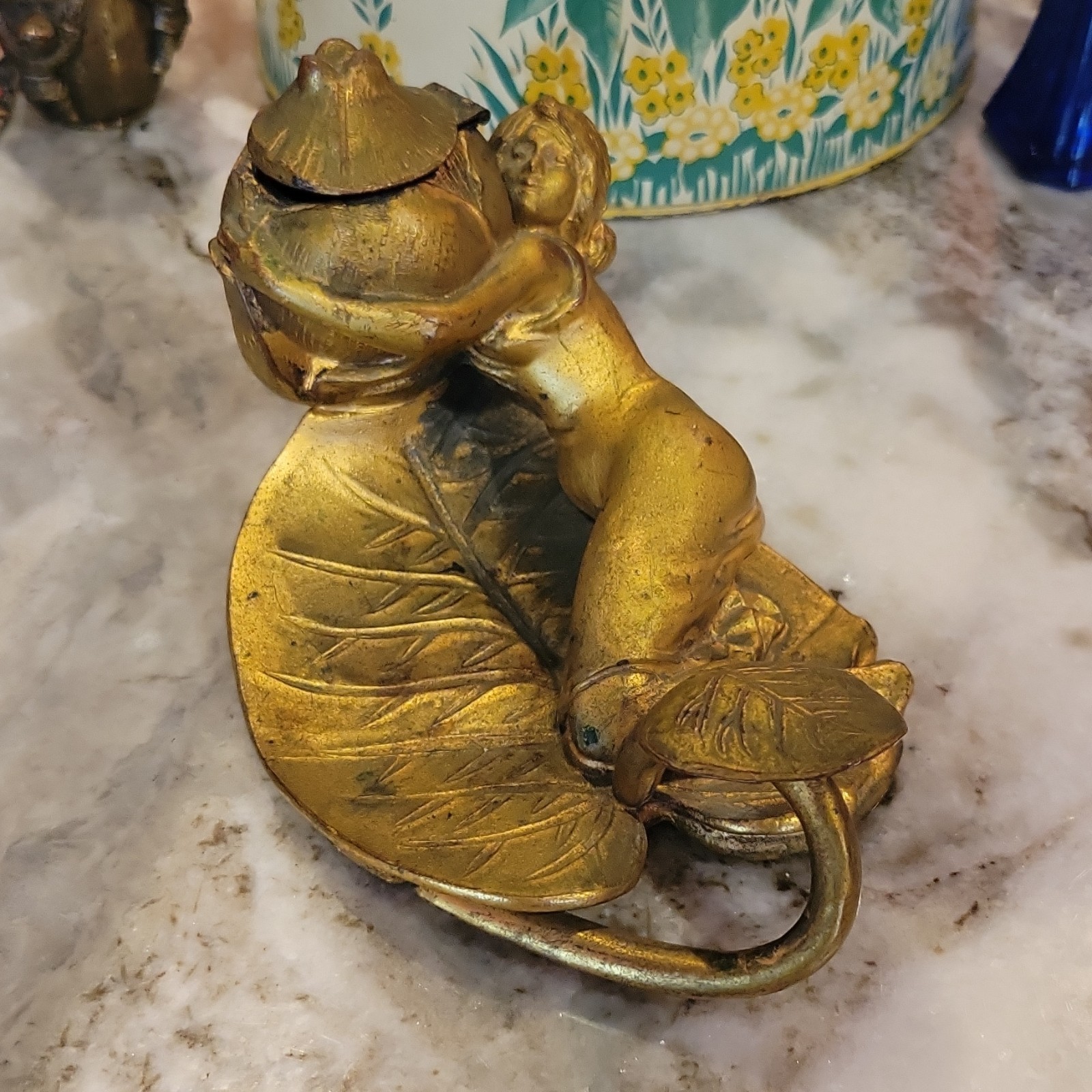 Antique Art Nouveau Figural Lady Bronze Gilded Chamberstick Candle Stick Lidded