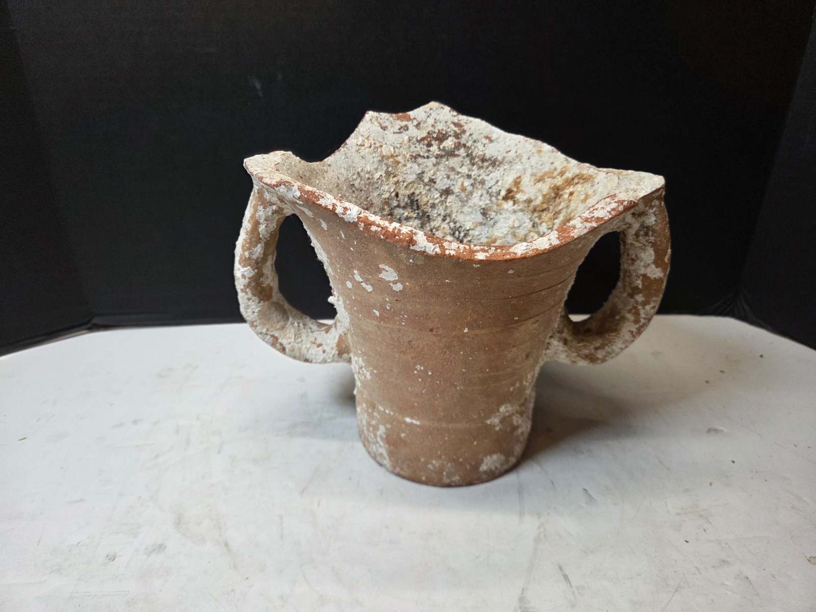 Very old Ancient terracotta amphora clay vessel fragment Top with handles