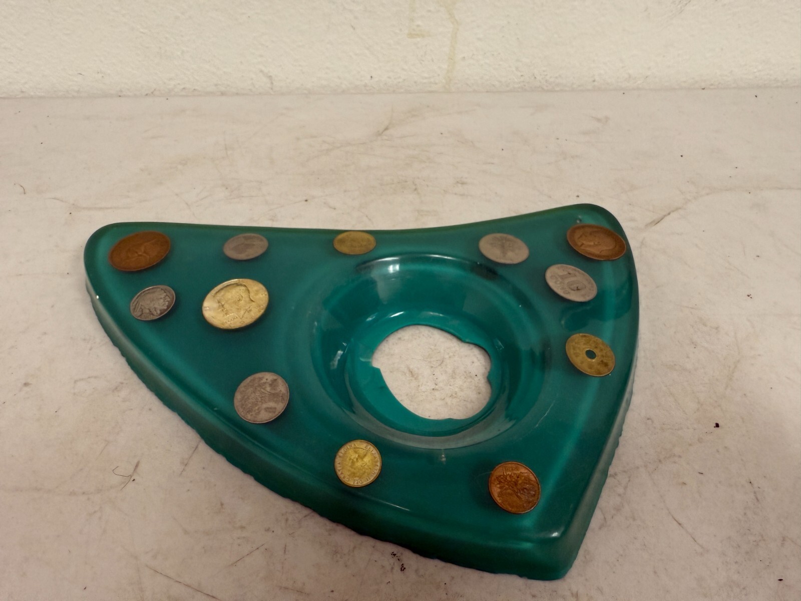 Vintage Teal Resin Embedded US Foreign Coin Art Tray
