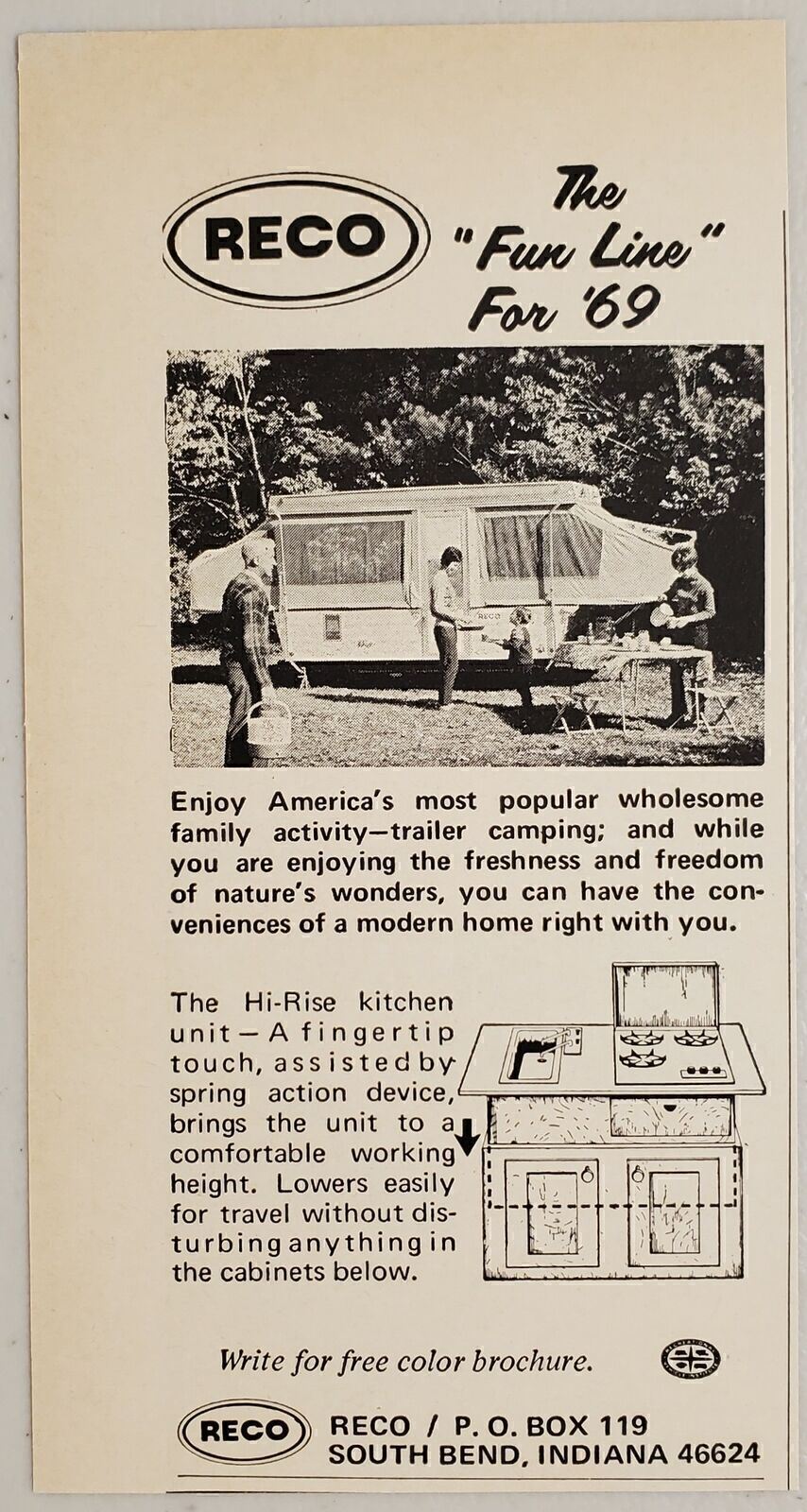 1969 Print Ad Reco Fun Line Tent Camping Travel Trailers South Bend,Indiana