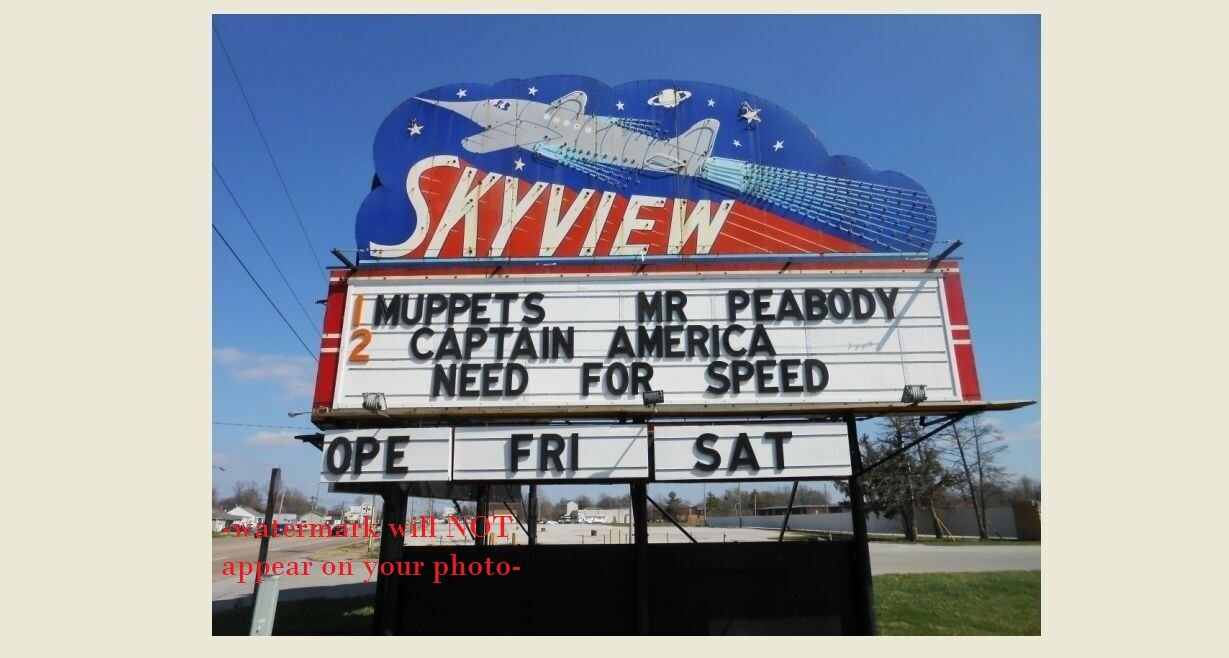Skyview Drive-In Movie Theater Sign PHOTO Belleville Illinois,Marquee, Est. 1949